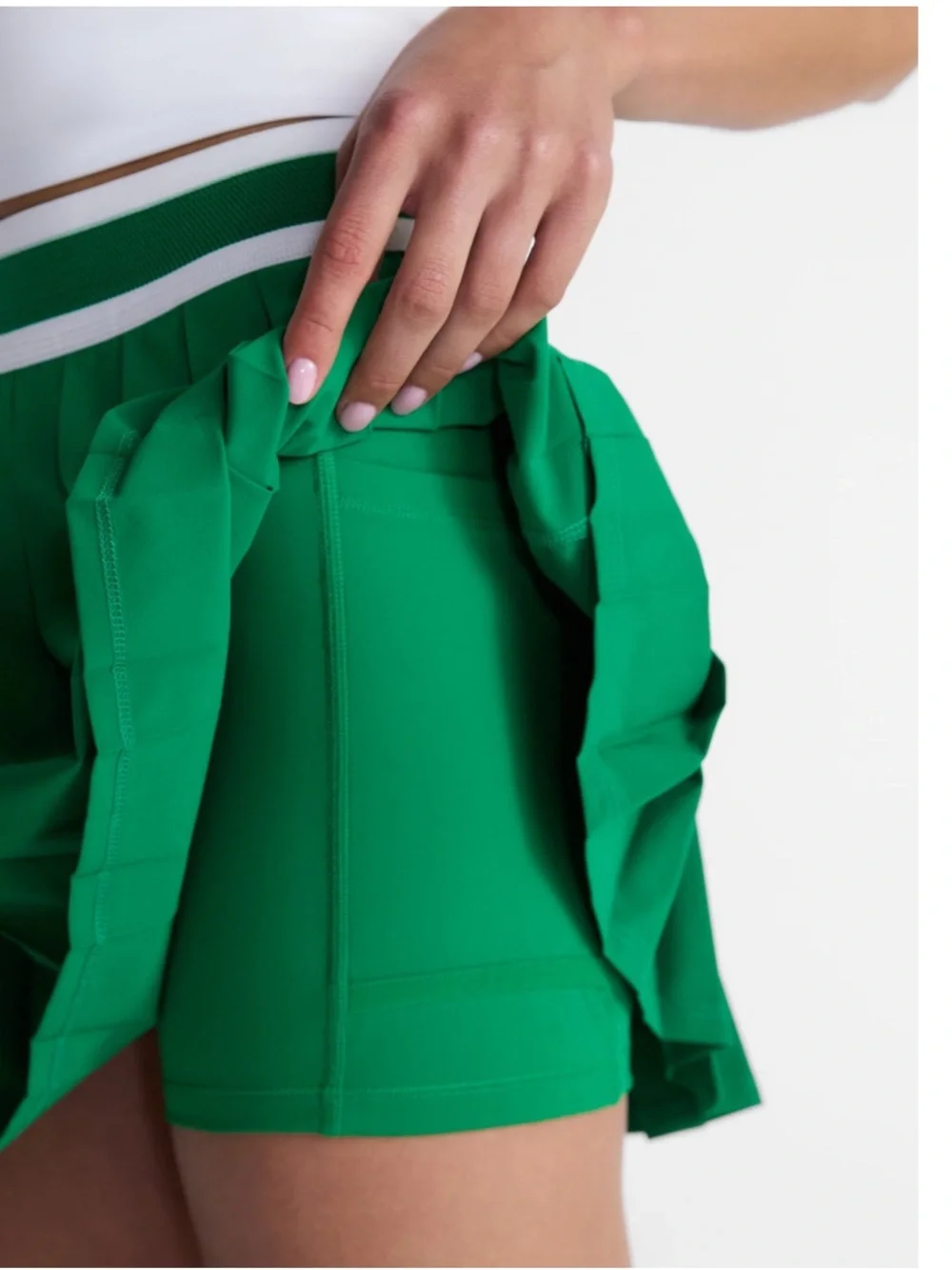 Avia Green Pleated Skater Skirt with White-Trim Waistband